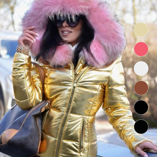 Ladies Casual Warm Large Fur Collar Hooded Jacket