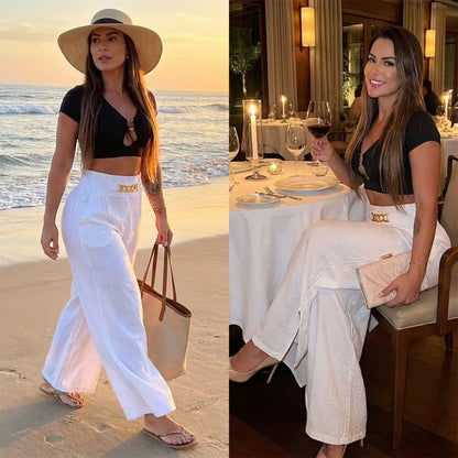 📢📢50%  OFF !! ⏰Women's High-Waist Wide-Leg Trousers with Belt Accent