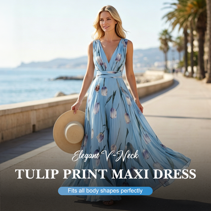 🌼Elegant V-Neck Tulip Print Maxi Dress