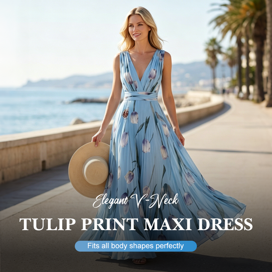 🌼Elegant V-Neck Tulip Print Maxi Dress