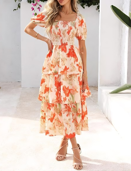 🌸 Summer Dream – Maxi Chiffon Dress with Floral Print and Ruffles – Short-Sleeved with a Round Neckline