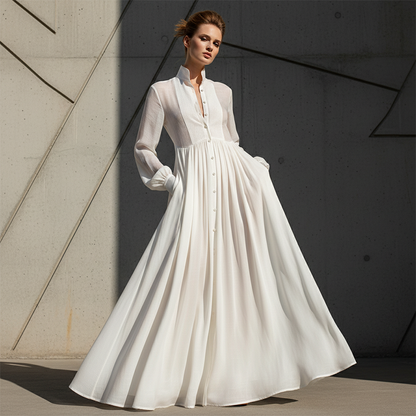 👗 50% OFF! ✨ Elegant Pleated White High-Neck Maxi Dress