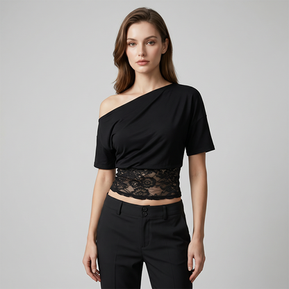 Women's One-Shoulder Lace Patchwork Top