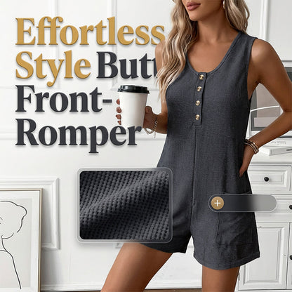 ⏳Time-Limited Special⏰Women's Sleeveless Button-Front Romper – Waffle Knit, Scoop Neck, Side Pockets 🌿