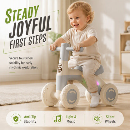 📢📢50% OFF !! ⏰Baby Balance Bike with Music & Lights – 4-Wheel Stability, LED Fun – Perfect First Bike for Toddlers! ✨