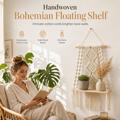 🧶 Bohemian Hand Woven Macrame Wall Hanging Floating Shelf for Books and Plants Living Room Decor