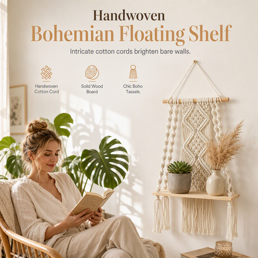 🧶 Bohemian Hand Woven Macrame Wall Hanging Floating Shelf for Books and Plants Living Room Decor