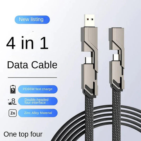 🔥New Hot Sale✨4-in-1 Cable 100W [Fast Charging & Data Sync] Flat Braided Multi Charger Cord Combo Lightning/Type C/USB A Ports